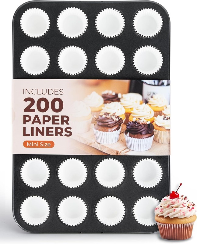 24-Cup Mini Muffin Pan with 200 Paper Liners, Non-Stick Carbon Steel Mini