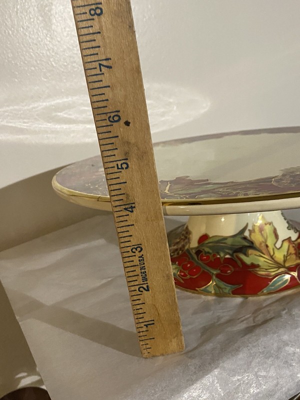 Vintage F.giorgi By Ceramica Pedestal Cake Stand Crimson Wreath Gold Trim PO gallery