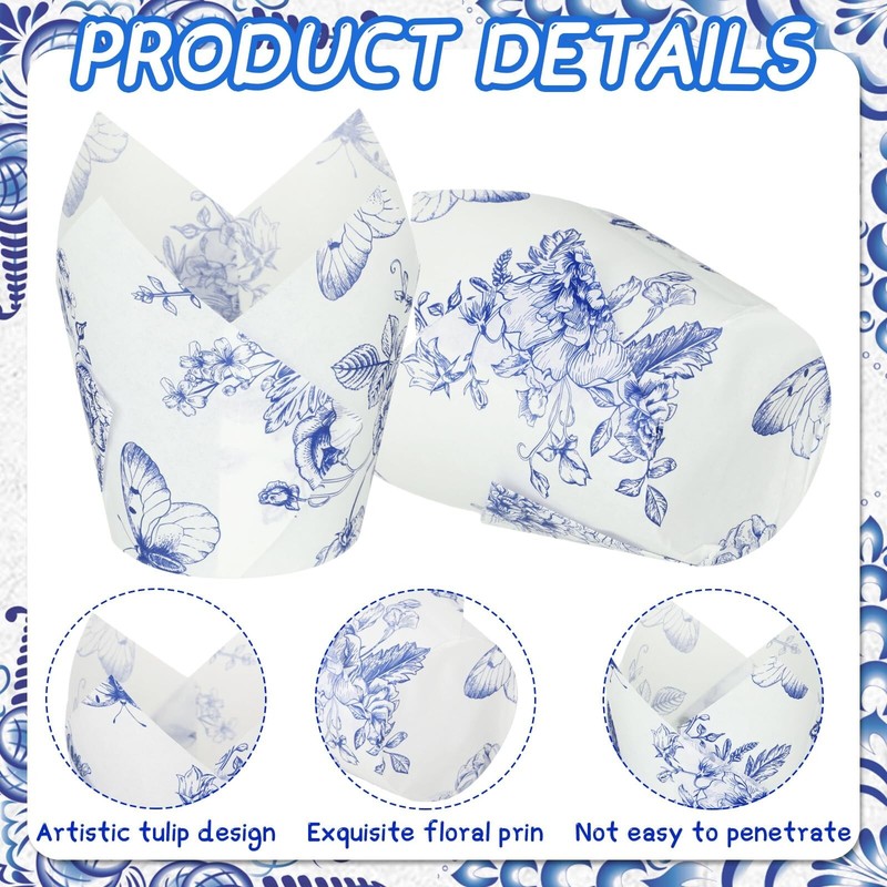 Gerrii 200 Pcs Chinoiserie Blue White Flower Tulip Cupcake Liners Paper Mini ... gallery