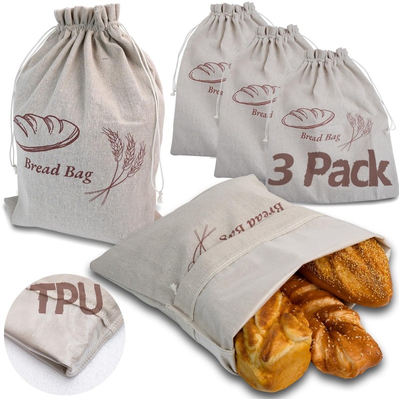 3-Pack Bread Bags for Homemade Bread Sourdough with Inner Lining, Linen Bread...
