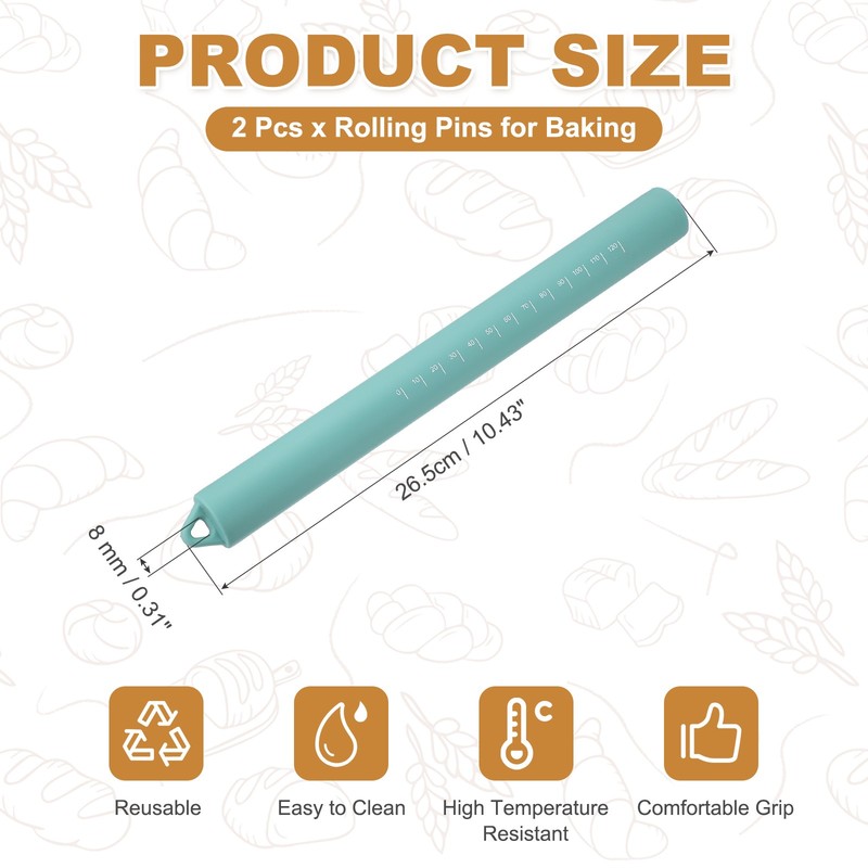 2 Pcs 10 Inch Silicone Rolling Pins Stainless Steel Core for Baking, Green gallery