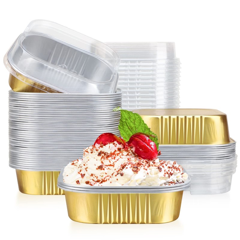 Cupcake Liners with Lids 8oz 50pcs Gold Aluminum Foil Square Baking Cups
