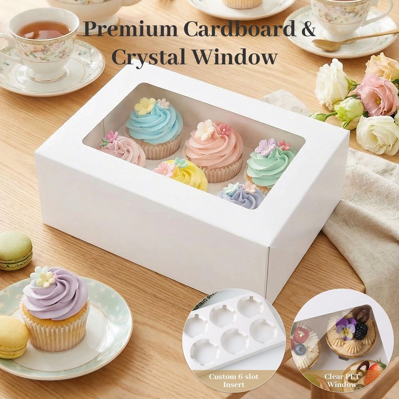6 PCS White Cupcake Boxes Window Pastry Container Fits 9.5x6.3x3.5 Inch Box gallery