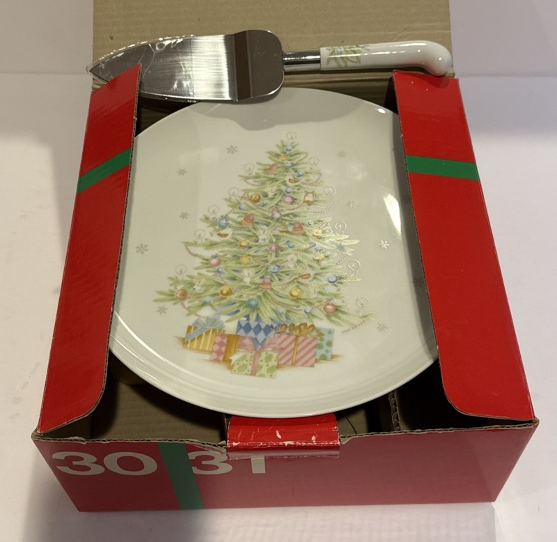 Tuscany Collection Japan Lotus Cake Pedestal Plate + Server Christmas Tree 10.5″