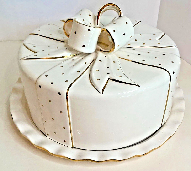 Vintage Portuguese Ceramic Cake Dome & Plate – Gift Box Bow Lid – White w/ Gold gallery