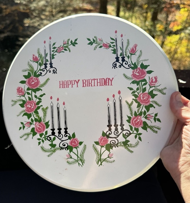 Vtg 1950’s Happy Birthday Musical Cake Plate Metal tin litho Design Needs Repair