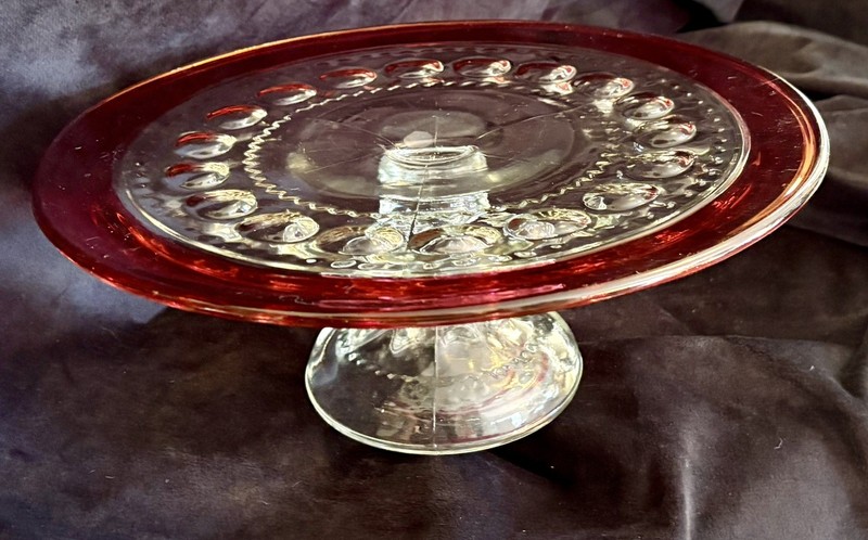 Vintage Tiffin Kings Crown Ruby Red Flashed Thumbprint 12.5″ Pedestal Cake Plate