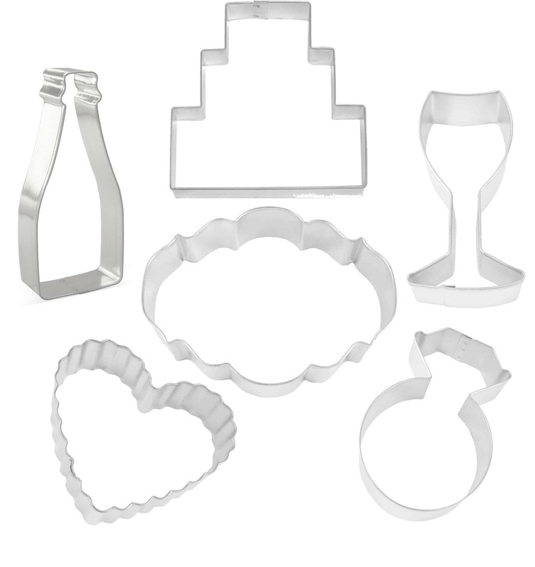 6 Piece Wedding Cookie Cutter Set Cake Ring Glass Champagne Heart Metal