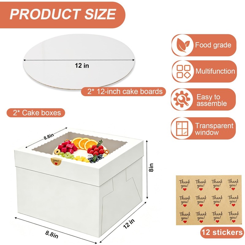 BONXAXK 2 Pack Cake Boxes, 12x12x8 Inches Tall 12 x 12 x 8 inches, White gallery