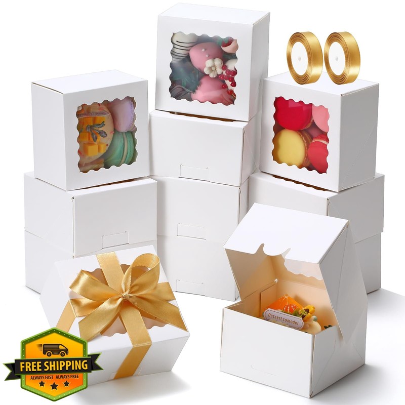 COTOPHER Cookie Box 4×4 White Gold Ribbon 50 Pack Window
