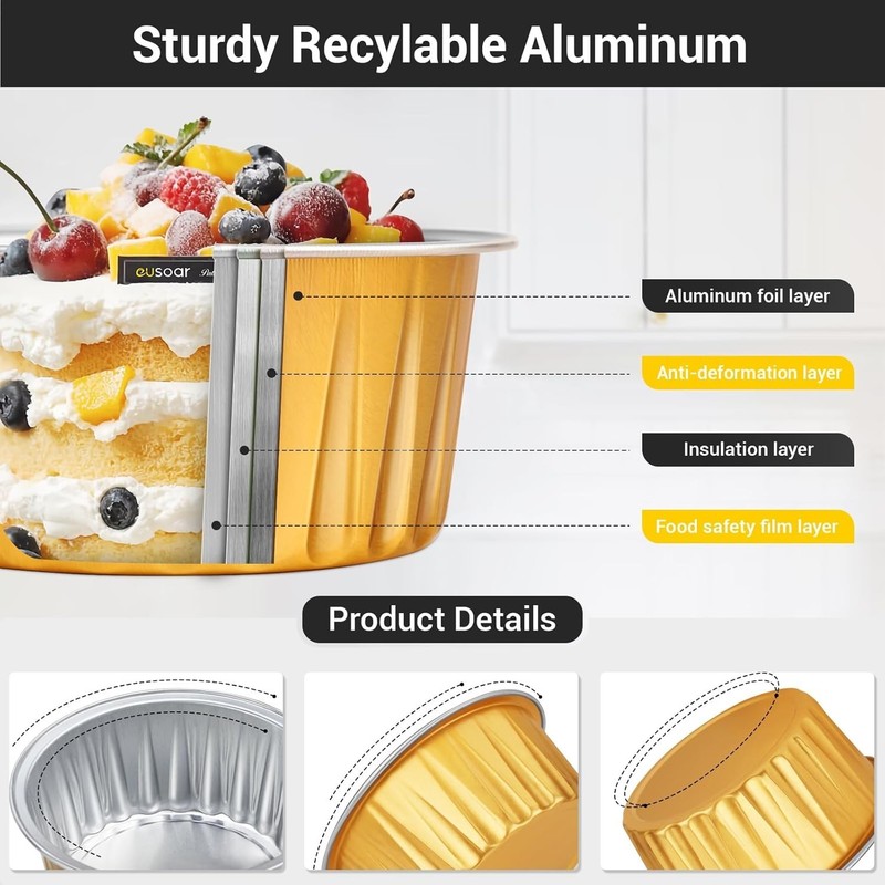 Disposable Ramekins, Gold 50pcs 5oz Mini Aluminium Foil Baking Cups with Lids... gallery