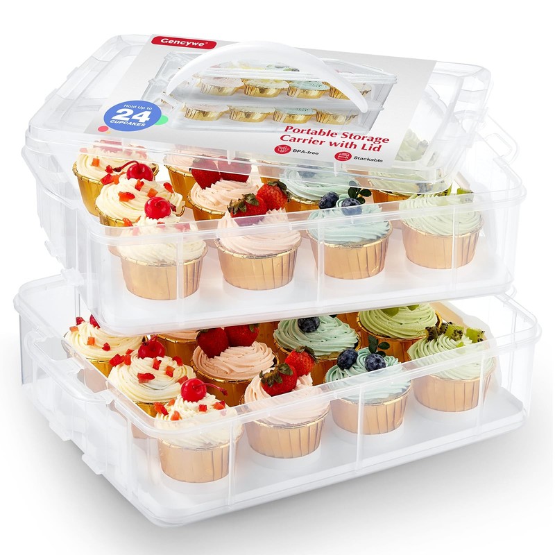 Plastic Cupcake Carrier 24 Count, 2-Layer Cupcake Holder Carries with Lid & Hand