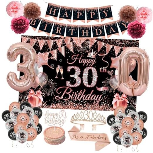 Happy Birthday Decorations for Her, Black Rose Gold 30 Years Old Decor for 30th