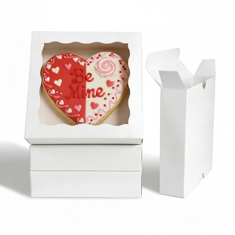 50PCS 5 x 5 x 1.2 inch White Cookie Gift Boxes, Bakery Boxes with Display Win…