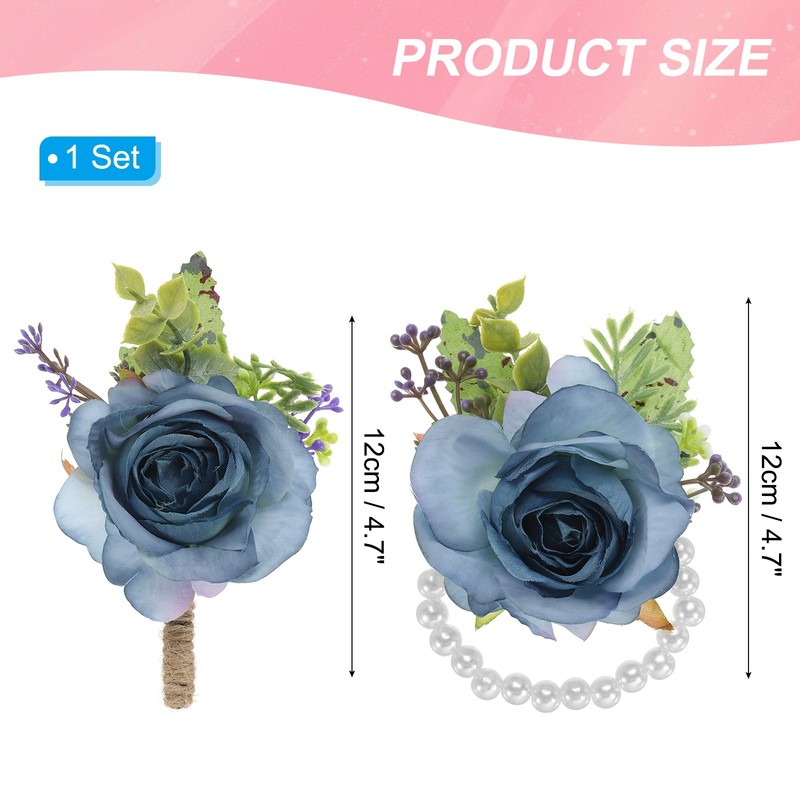 2 Pcs Rose Wrist Corsage and Boutonnieres Set, Wedding Flower Wristlet Blue gallery