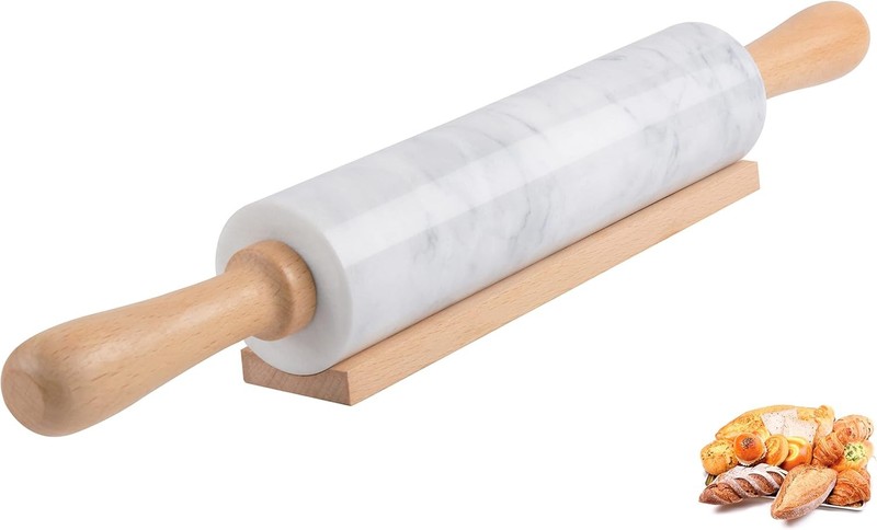 18.5 inch Premium Marble Rolling Pin W/ Wooden Cradle Thick Handle Set Baking,