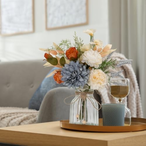 Dahlia Flower Aritificial Flower with Vase Fake Silk Flowers in Glass Blue gallery