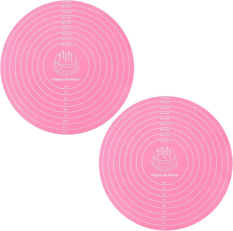 2Pcs Silicone Cake Mat,12 Inch Pink Round Baking Mat with Measurements Reusable