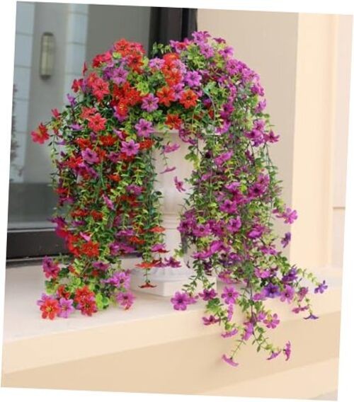 Artificial Hanging Flowers for Outdoors, 4 Pack 4 Pack Light Purple Rose Red