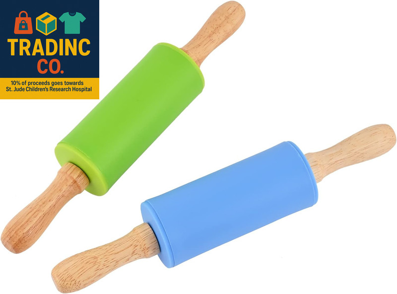 Mini Silicone Rolling Pin for Kids, Non-Stick Surface Wood Handle, 9 Inch 2 Pack