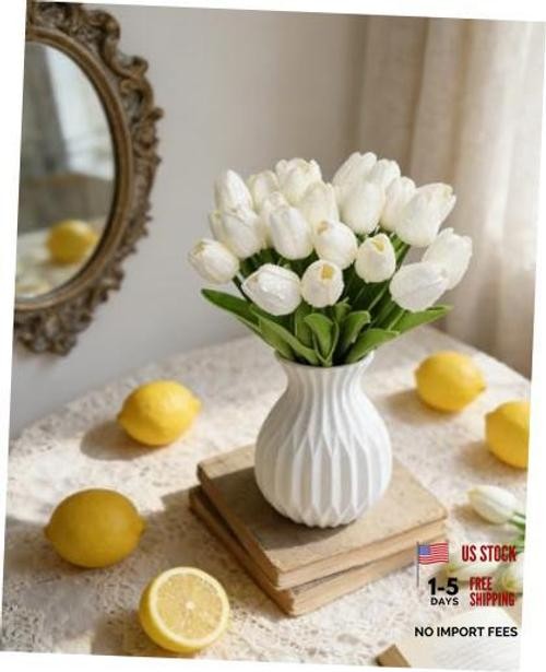 25 Pcs Artificial Flowers PU Fake Flowers Real Touch Tulips Flower White Tulips
