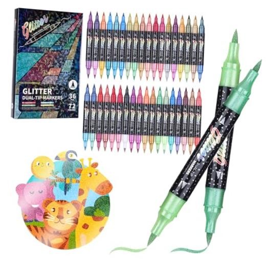 Glitter Effect Brush Markers Pens,72 Colors Dual Tip Glitter 36Pack 72Colors