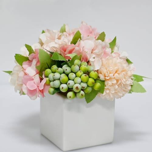 Artificial Hydrangea Flower Arrangement in Ceramic Vase and Pink Hydarangea