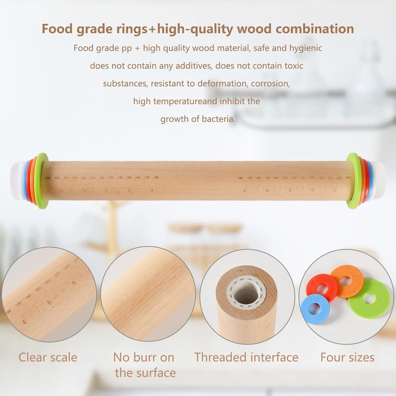 Wood Rolling Pin With 4 Adjustable Thickness Rings, Non-stick Dough Roller For B gallery