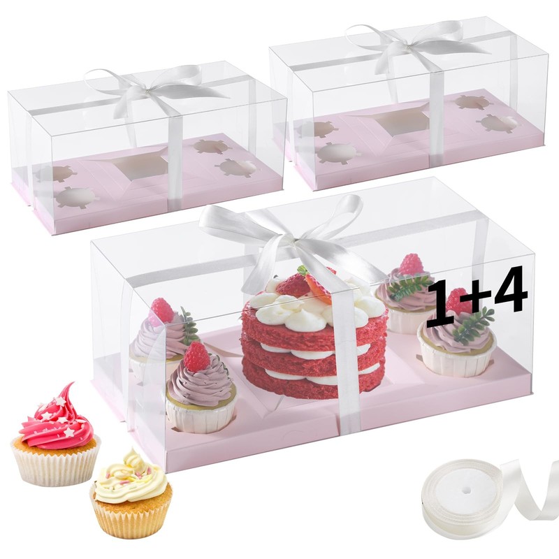 3Pcs Pink 1+4 Bento Box with Clear Window Bento Cake Boxes Combo Fit 4 Cupcak…
