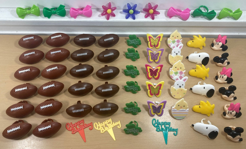 60+ cupcake toppers decoration rings Football Easter Butterflies Snoopy Mickey