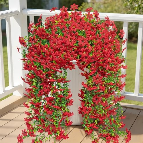 4 Pcs Artificial Hanging Flowers for Outdoors, Realistic Faux Silk Flowers Red gallery