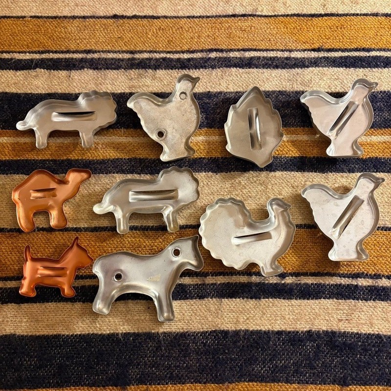 Vintage Metal Cookie Cutters Set of 9 Animal Shapes Aluminum Copper Tone Handles gallery