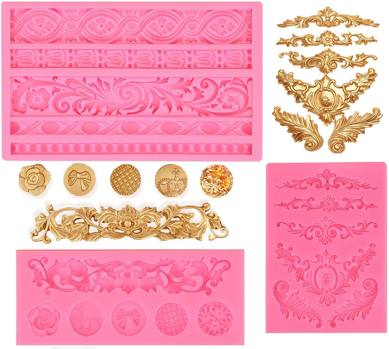 3PCS Baroque Scroll Molds Silicone Border Fondant Mold for for Wedding Birthday