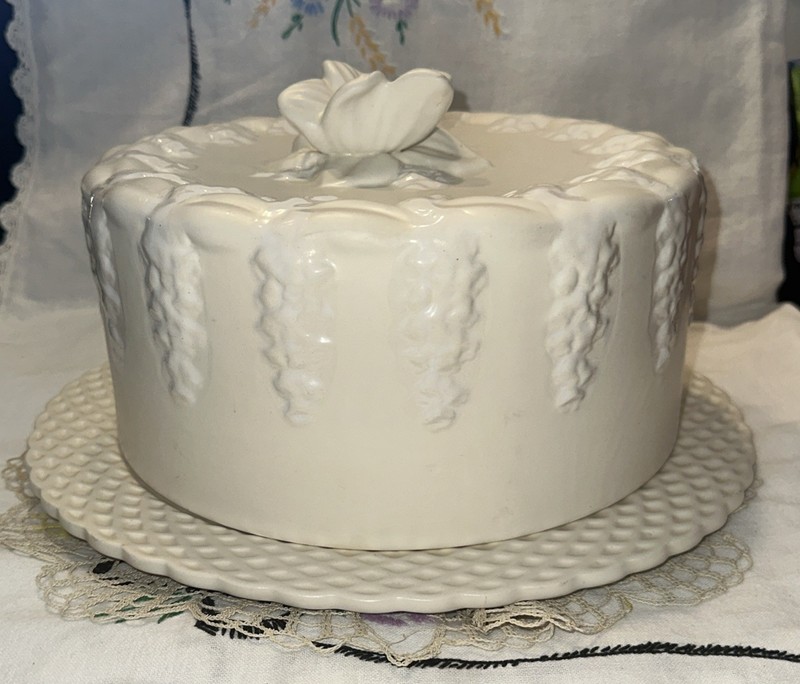 Vtg Large Cream Ivory CAKE PLATE and DOME 12.5″ Ceramic Floral PORTUGAL