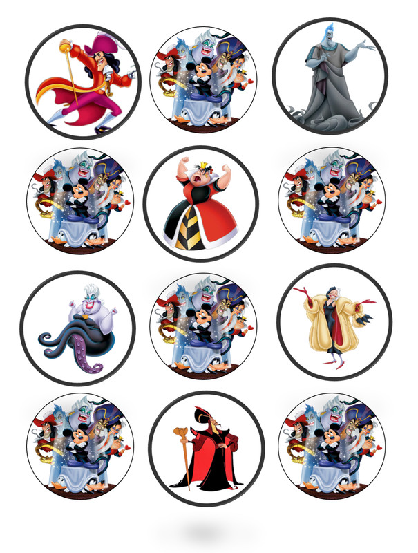 12 Disney Villains edible paper, cupcake cookie toppers CHOOSE SIZE pre cut