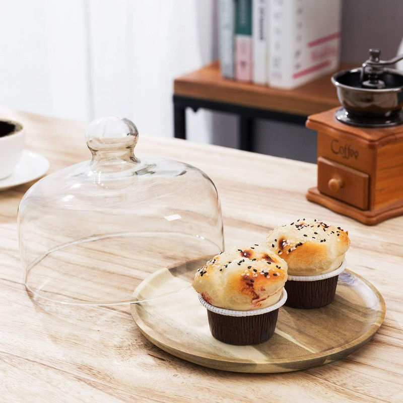 7.5 In Small Clear Glass Dessert/Cheese Cloche Dome w/ Acacia Wood Serving Tray