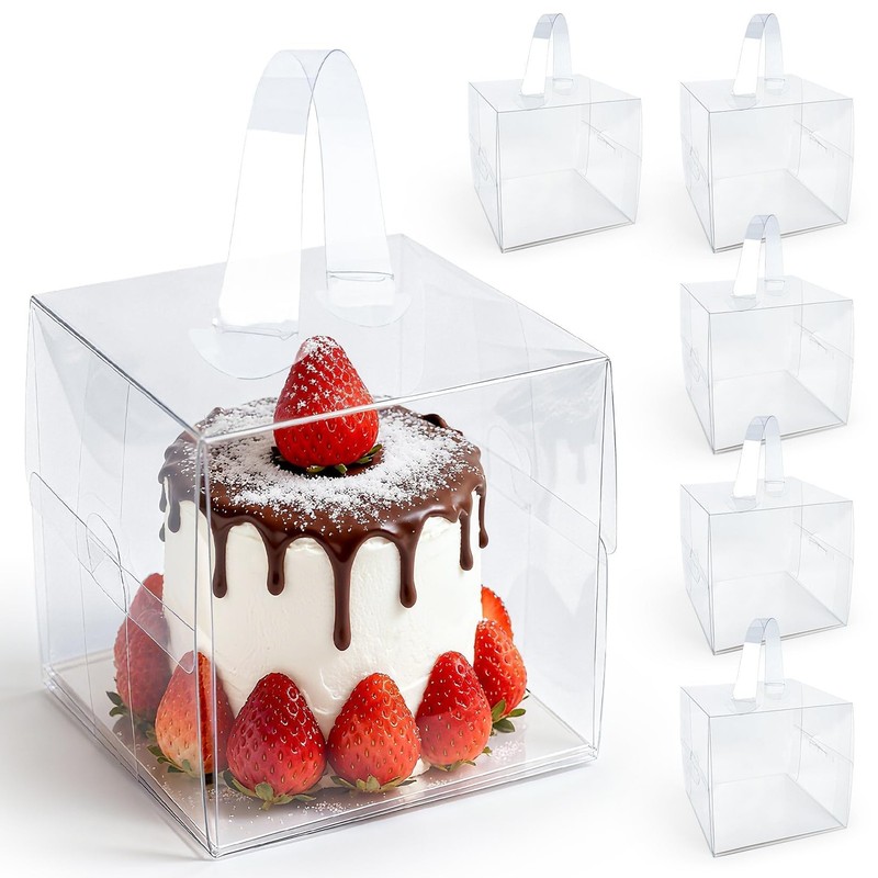 6PCS 6x6x5Inch Clear Cake Boxes – Mini Clear Gift Box with Portable Carry Han…
