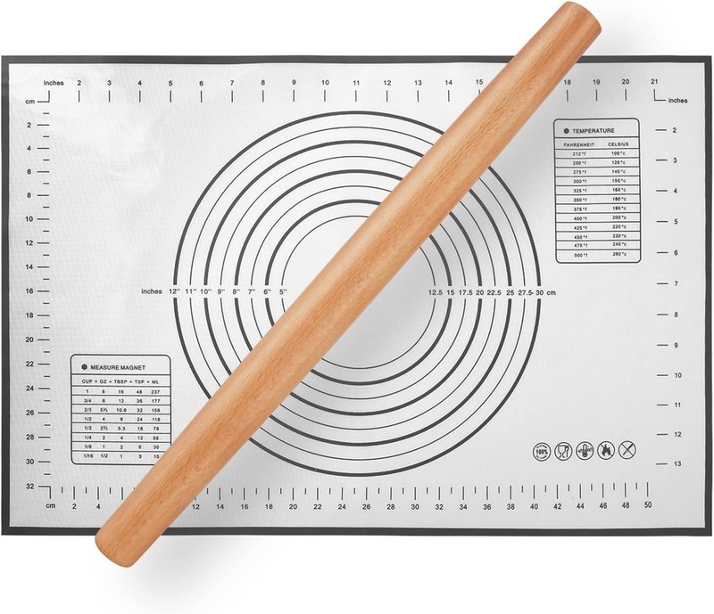Wood French Rolling Pin Baking Wooden Dough Roller W/ Silicone Mat Beech US gallery