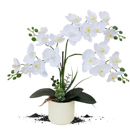 Upgraded Artificial Orchid Flowers with Ceramic Vase Fake Orchids Real White
