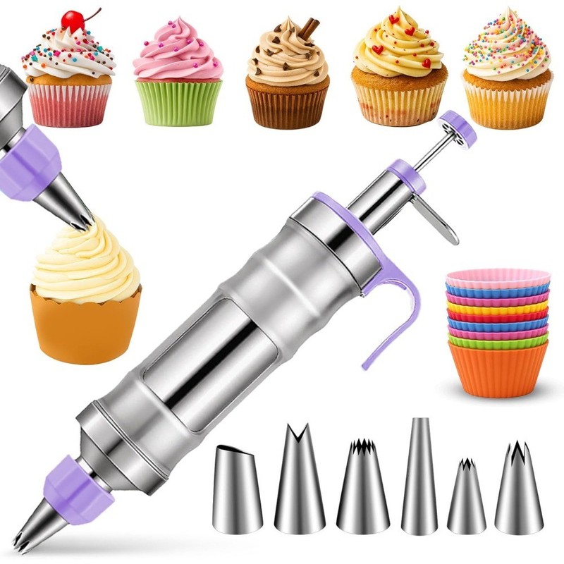 Cake Decorating Syringe Set with 6 Piping Tips and 9 Silicone Cupcake Cups