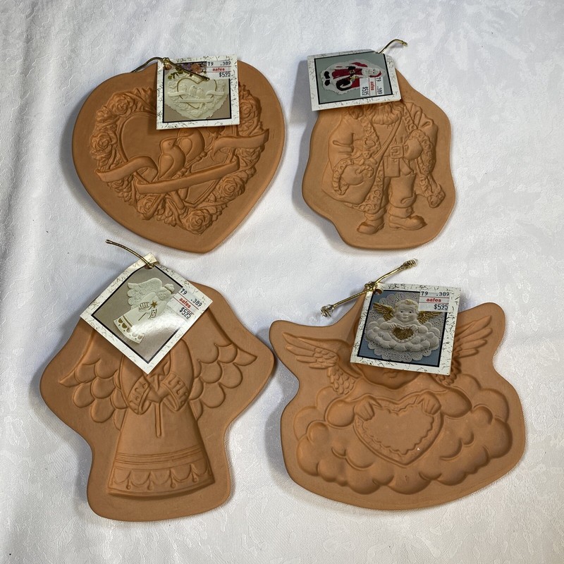 Set of 4 Vintage Cotton Press Cookie Molds w/ Labels – Heart Santa Angel Cupid