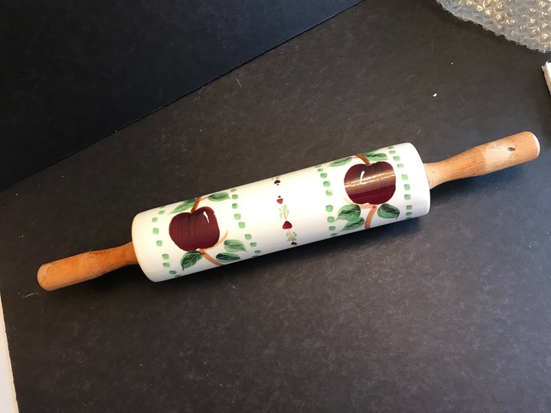 VINTAGE PORCELAIN OR STONEWARE ROLLING PIN, HANDPAINTED APPLES & LEAVES, ABC DIS