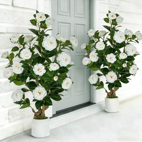 Artificial Flower Tree for Porch: Fake Trees Set of 2 for 3.3ft White Camellia
