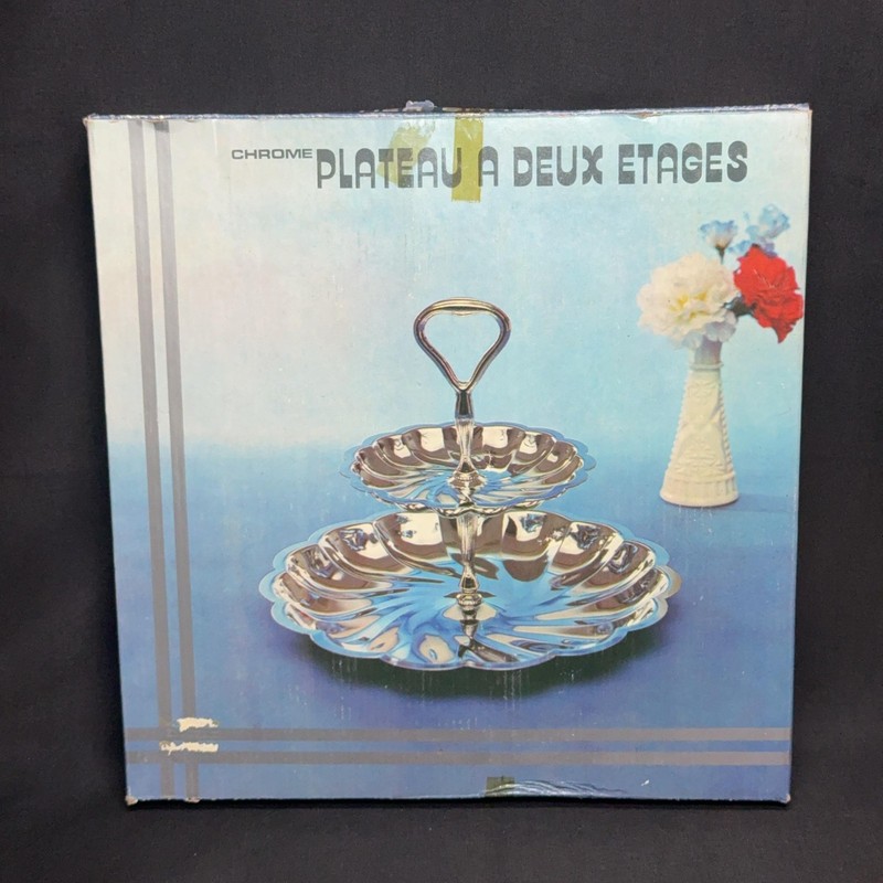 Vintage Arco 2-Tier Cake Candy Stand Chrome Metal Scalloped Silver Tray Party