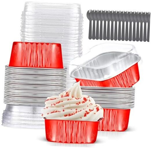 Mini Cake Pans With Lids (10oz,40 Pack) Aluminum Foil Square Cupcake Liners Red