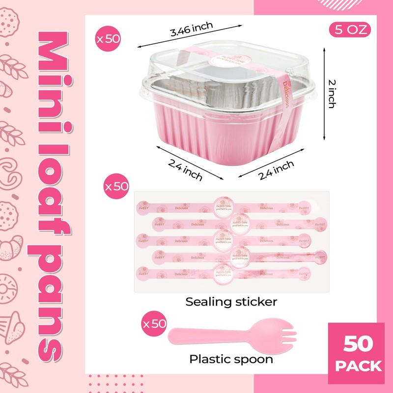 50 Pack Mini Cake Pans with Lids and Spoons Small Aluminum Foil Pans Square B... gallery