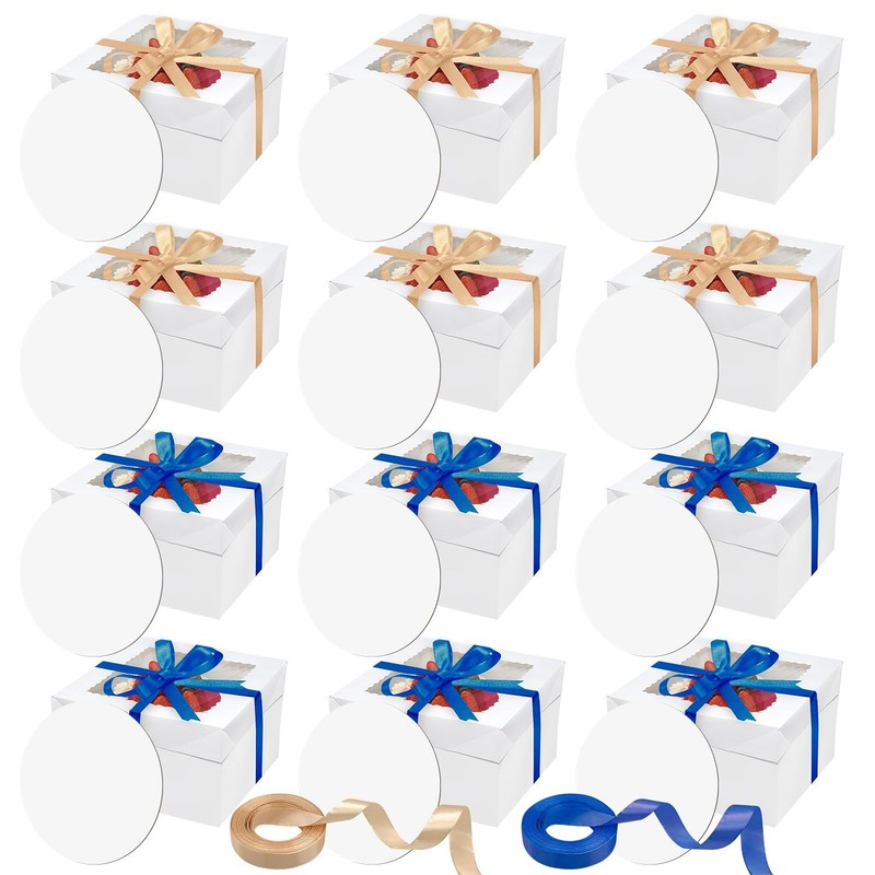 24 PCS 10x10x8 Inch Cake Boxes Boards Window Silk Ribbon Square Baking Set