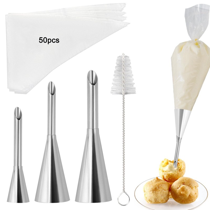 3 Pcs Puff Cream Filling Piping Tips Kit Stainless Steel Long Icing Piping No