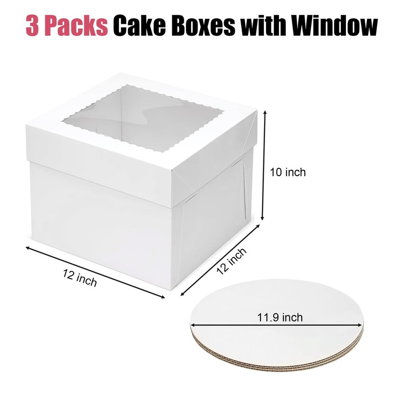 3 Sets Cake Boxes With Window 12x12x10 Inches White Bakery Containers Boards gallery