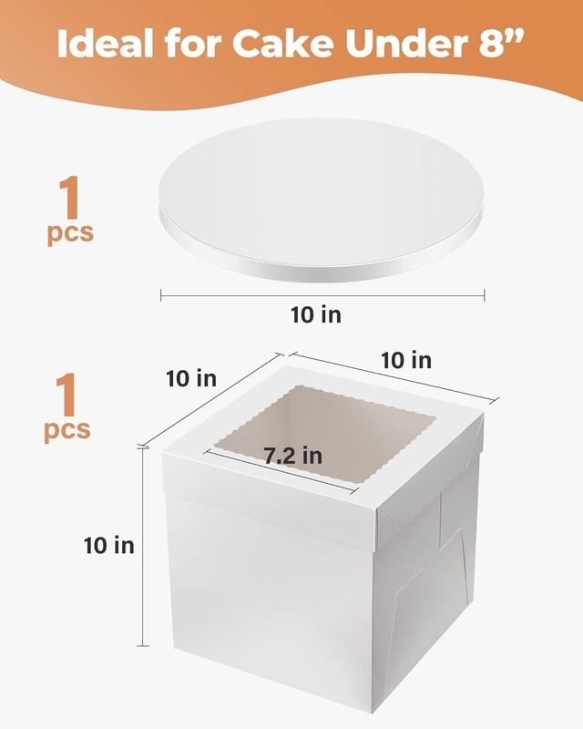 Cake Box with Board Drum, 10x10x10 Inches Tall Bakery Box with Window, Dispos... gallery